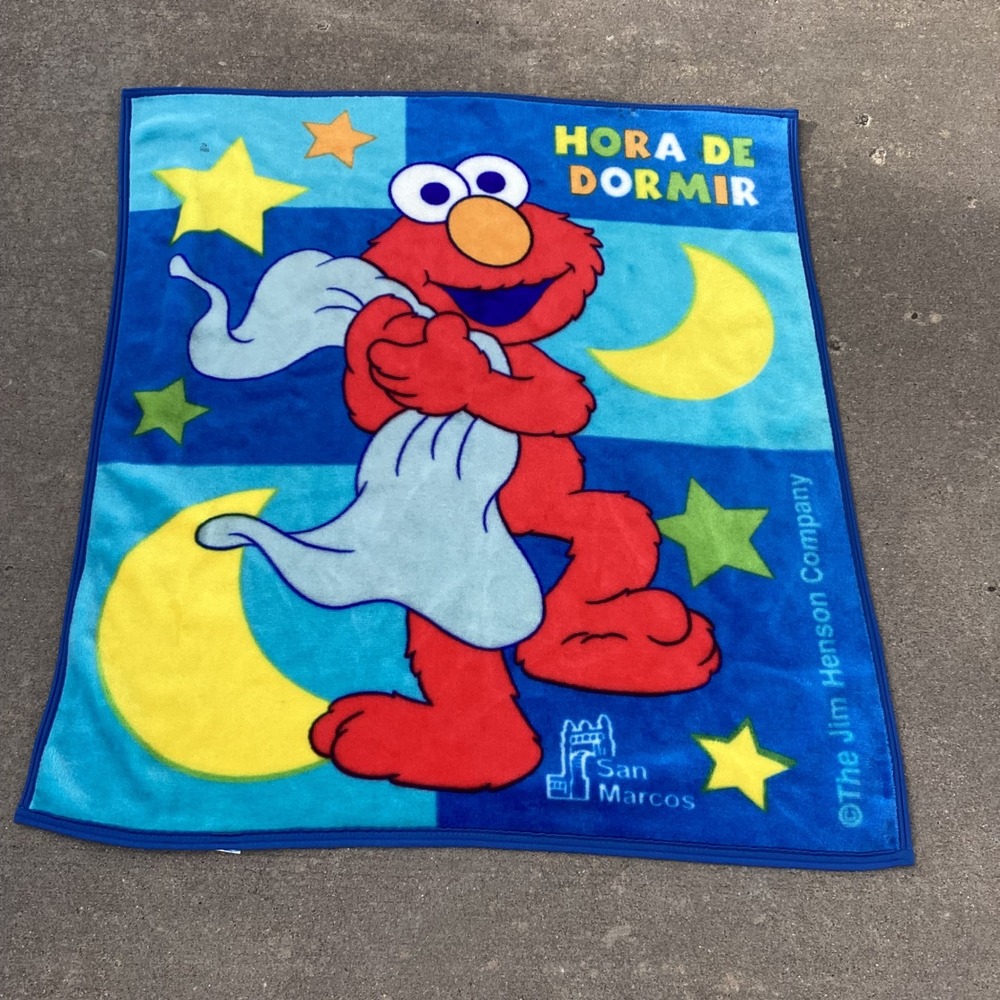 Vintage San Marcos Elmo Plaza Sesamo Baby Blanket Hora De Dormir Blue 1999 Flaw